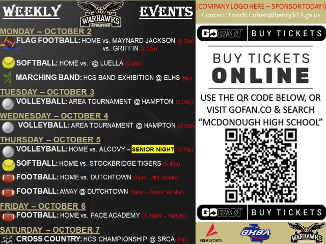 Weekly Athletic Events: October 2nd-8th