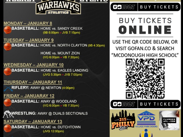 Weekly Athletic Events: January 8th-14th