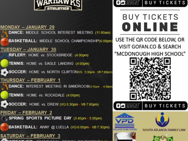 Weekly Athletic Events: January 29th-February 4th