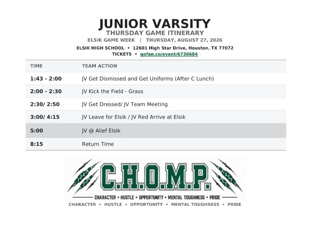 West Fork Football Itinerary Junior Varsity - Elsik