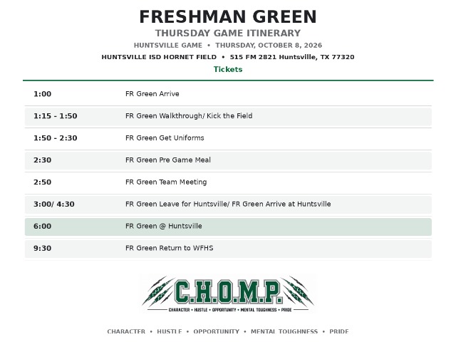 West Fork Football Freshman Green Itinerary - Huntsville
