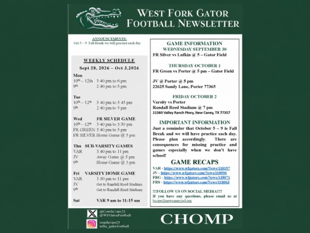 West Fork Gator Football News Letter - Porter