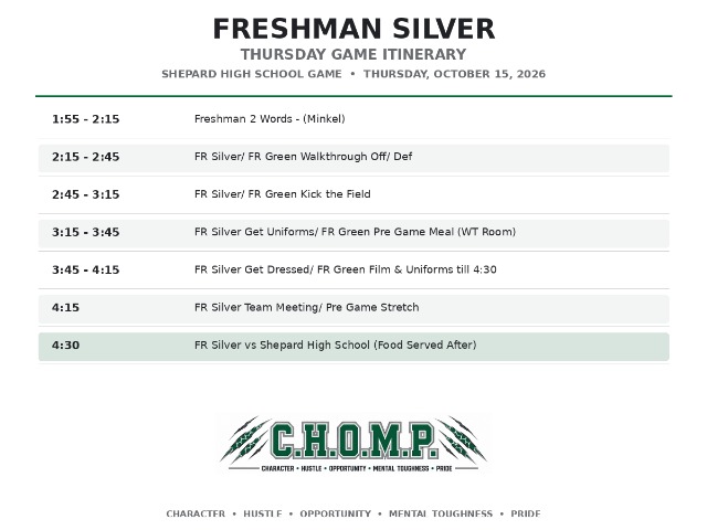 West Fork Football Freshman Itinerary - Shepard