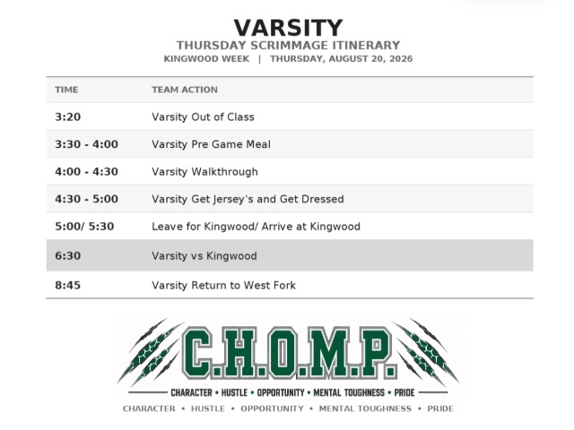 West Fork Football Itinerary Varsity - Kingwood