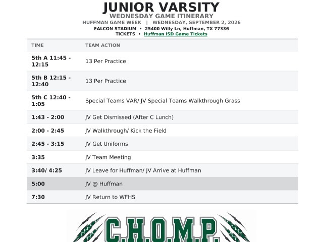 West Fork Football Itinerary Junior Varsity - Huffman