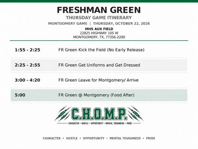 West Fork Football Freshman Green Itinerary - Montgomery