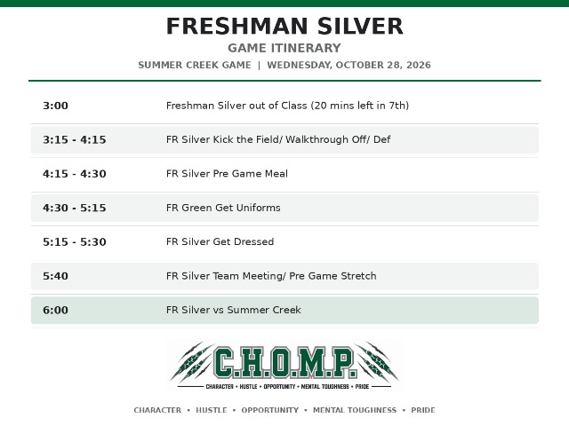 West Fork Football Freshman Silver Itinerary - Summer Creek