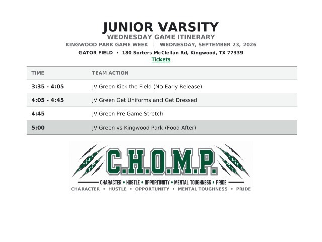 West Fork Football Itinerary Junior Varsity - Kingwood Park