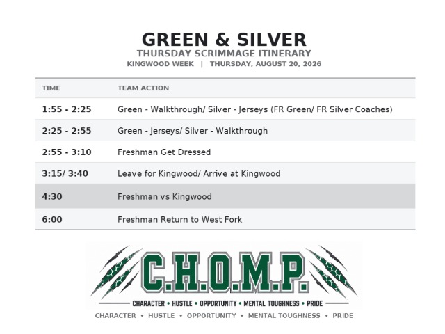 West Fork Football Freshman Itinerary - Kingwood Scrimmage