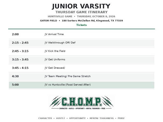 West Fork Football Itinerary Junior Varsity - Huntsville