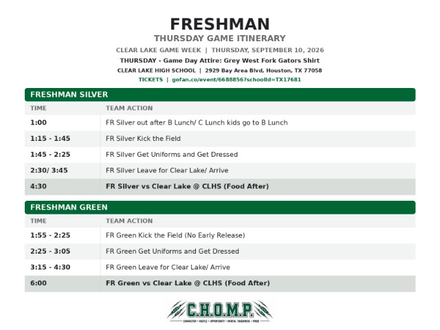 West Fork Football Itinerary Varsity - Clear Lake