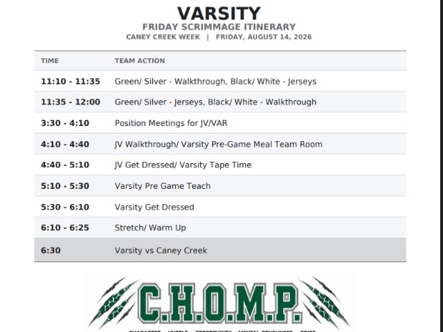 WEST FORK FOOTBALL ITINERARY VARSITY - CANEY CREEK