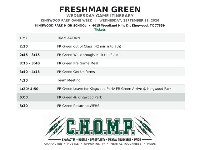 West Fork Football Freshman Green Itinerary - Kingwood Park