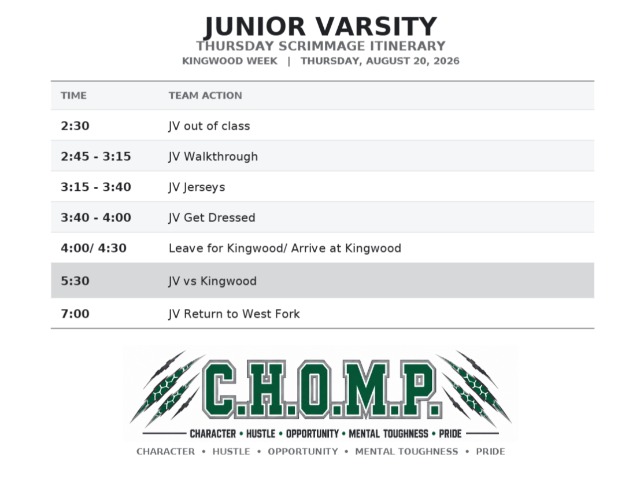 West Fork Football Itinerary Junior Varsity - Kingwood