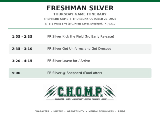 West Fork Football Freshman Silver Itinerary - Shepherd