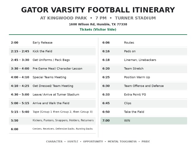 West Fork Football Itinerary Varsity - Kingwood Park