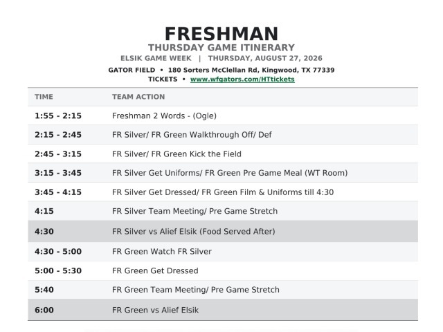 West Fork Football Freshman Itinerary - Elsik