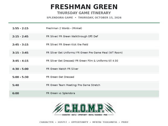 West Fork Football Freshman Green Itinerary - Splendora