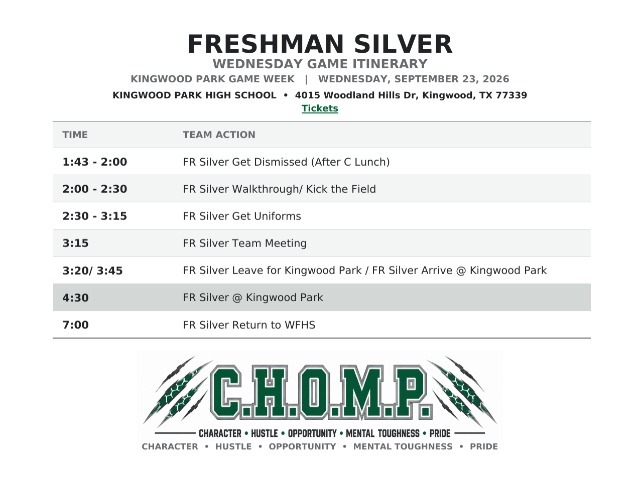 West Fork Football Freshman Silver Itinerary - Kingwood Park