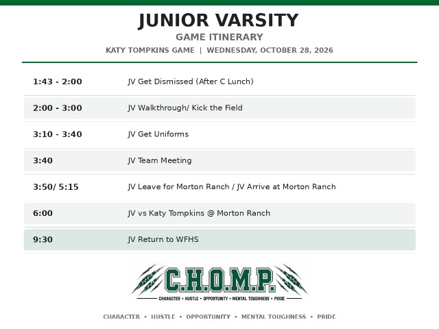 West Fork Football Itinerary Junior Varsity - Katy Tompkins