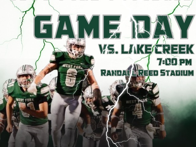 Varsity game day graphic for football game against Lake Creek HS. 