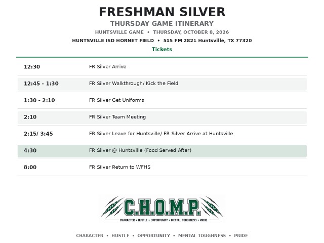 West Fork Football Freshman Silver Itinerary - Huntsville