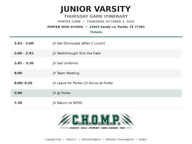 West Fork Football Itinerary Junior Varsity - Porter