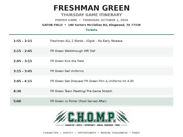 West Fork Football Green Freshman Itinerary - Porter
