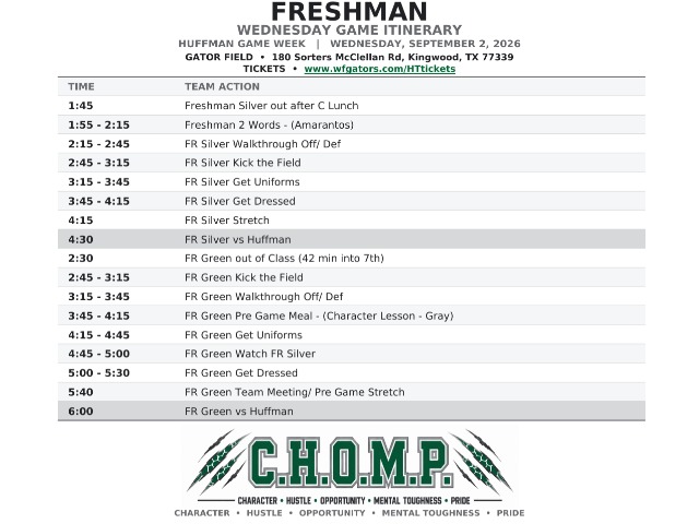 West Fork Football Freshman Itinerary - Huffman