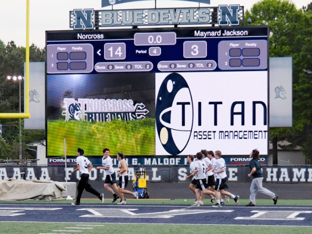 Seniors Celebrating Last Home Win at Blue Devil Stadium