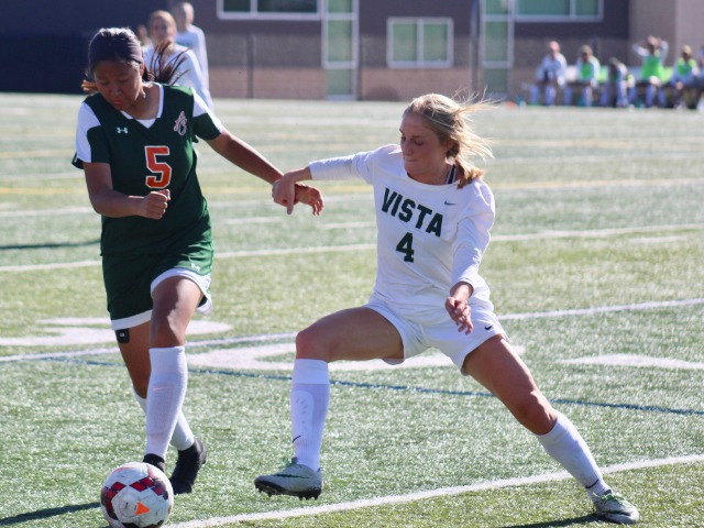Adams City’s Andrea Jiminez has a bit of a delay in tracking down the loose ball thanks to Mills’ defense during a first-round game in the state playoffs May 8 in Highlands Ranch. Adams City, which earned its first state 5A soccer berth since 2013, finished 10-4-1, 6-3-1 in the Eastern Metro Athletic Conference. A year ago, Adams City won five games and tied two.