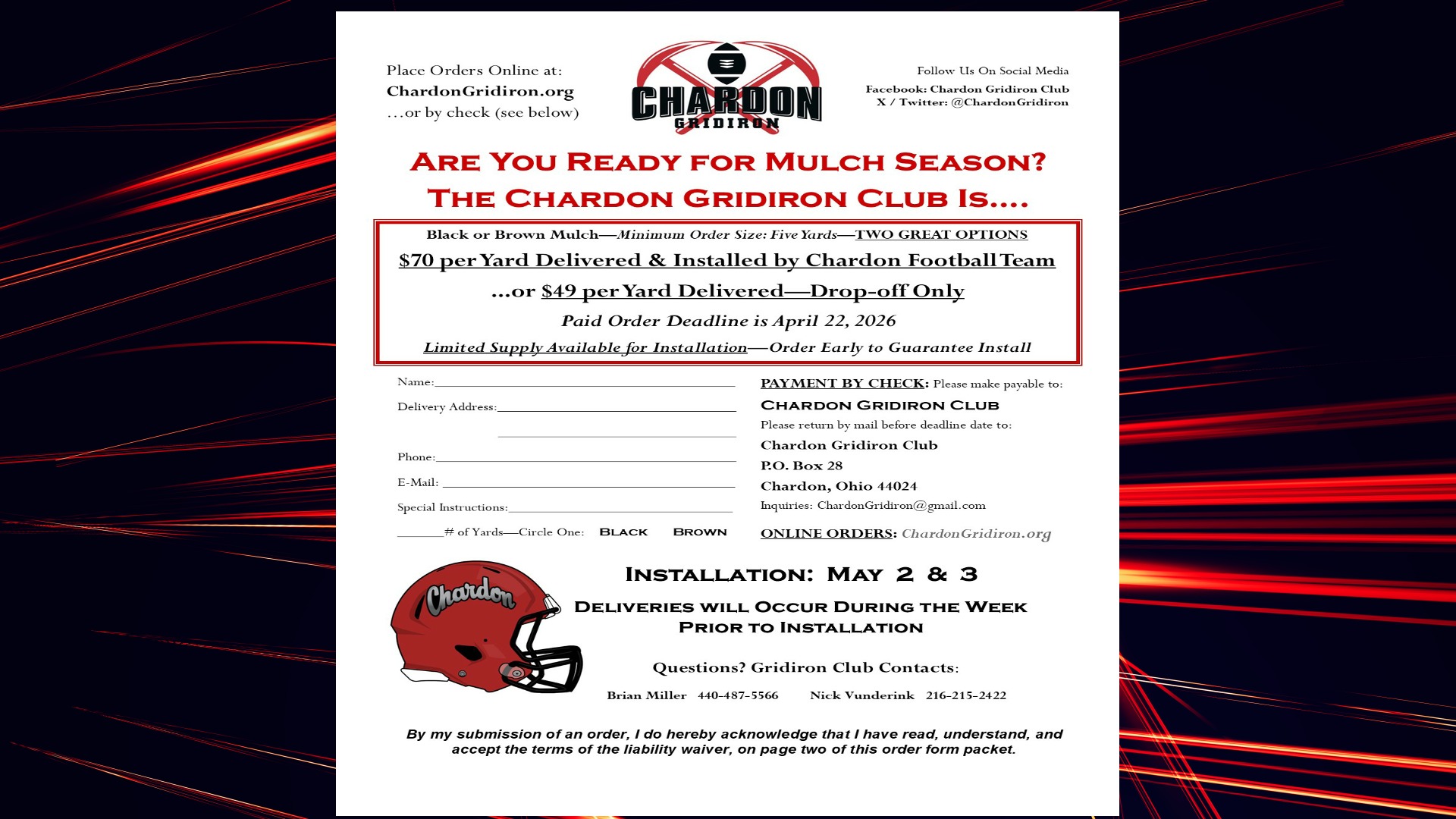 Slide 1 - GRIDIRON CLUB MULCH! CLICK HERE TO ORDER!