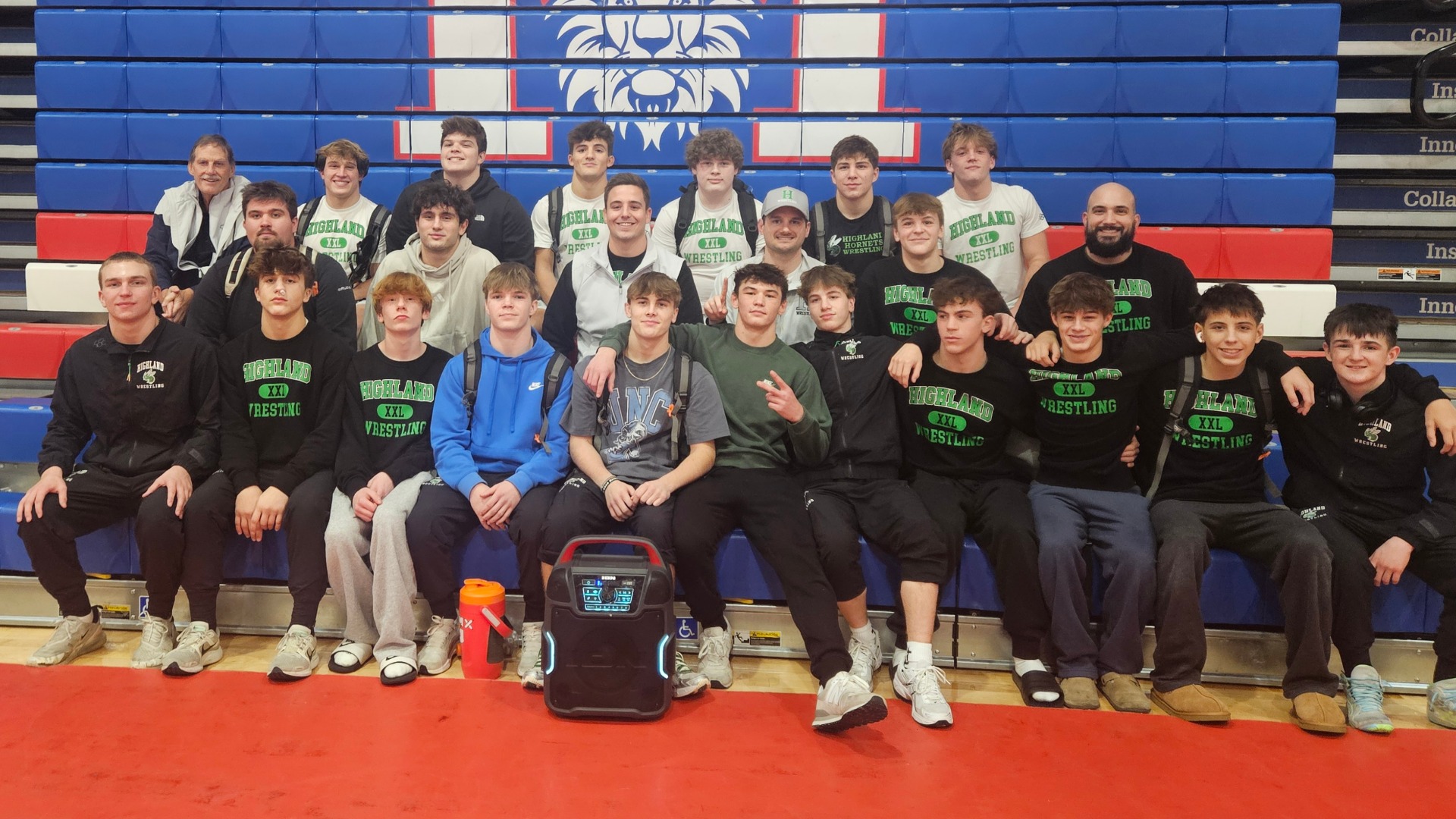 Varsity boys wrestling athletes team photo after their dual tournament championship at Marysville H.S.