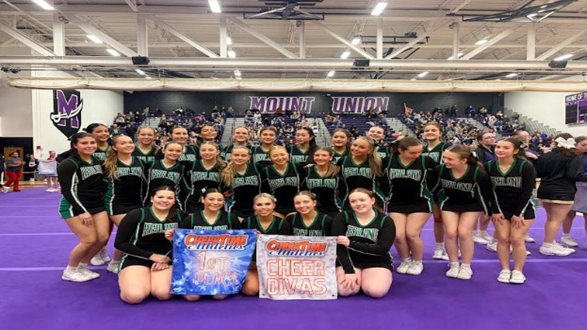 Highland competition squad first place team photo from the University of Mount Unio cheer competition