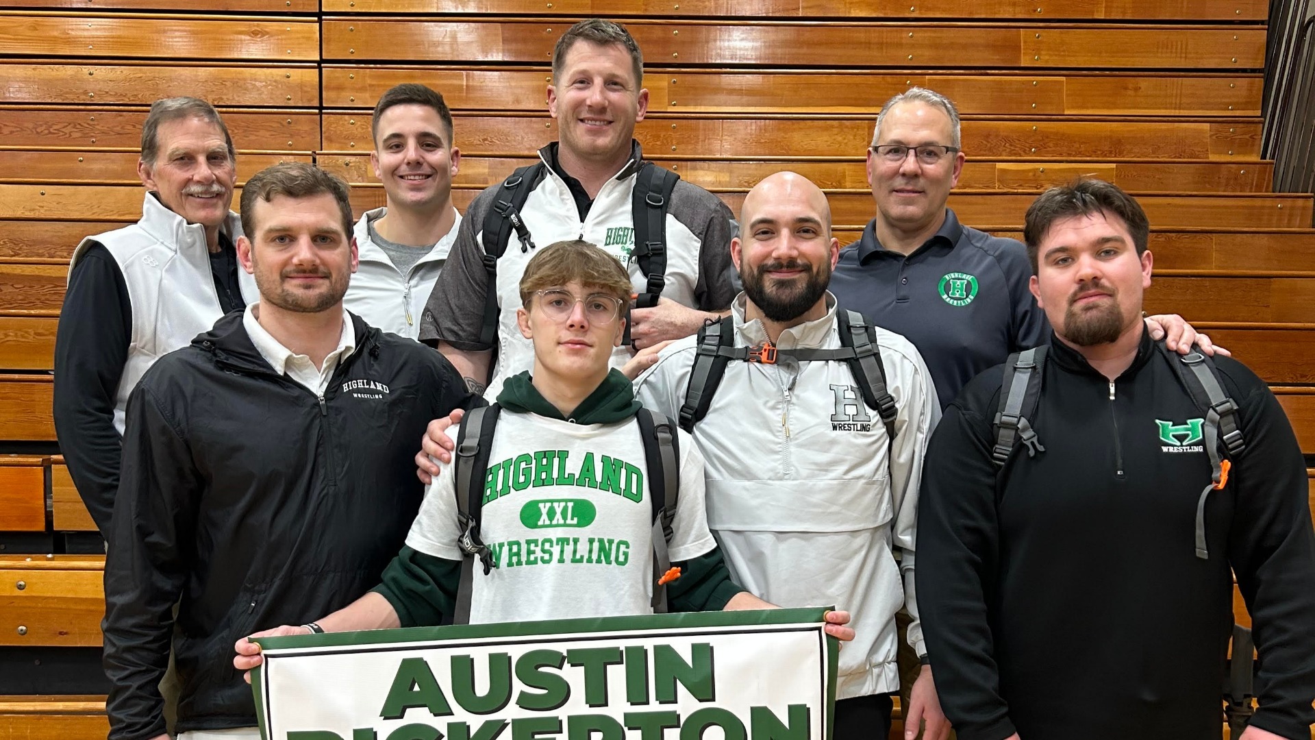 a picture of Austin and the coaches after his 100th career win 2-28-2026 at Avon Lake H.S.