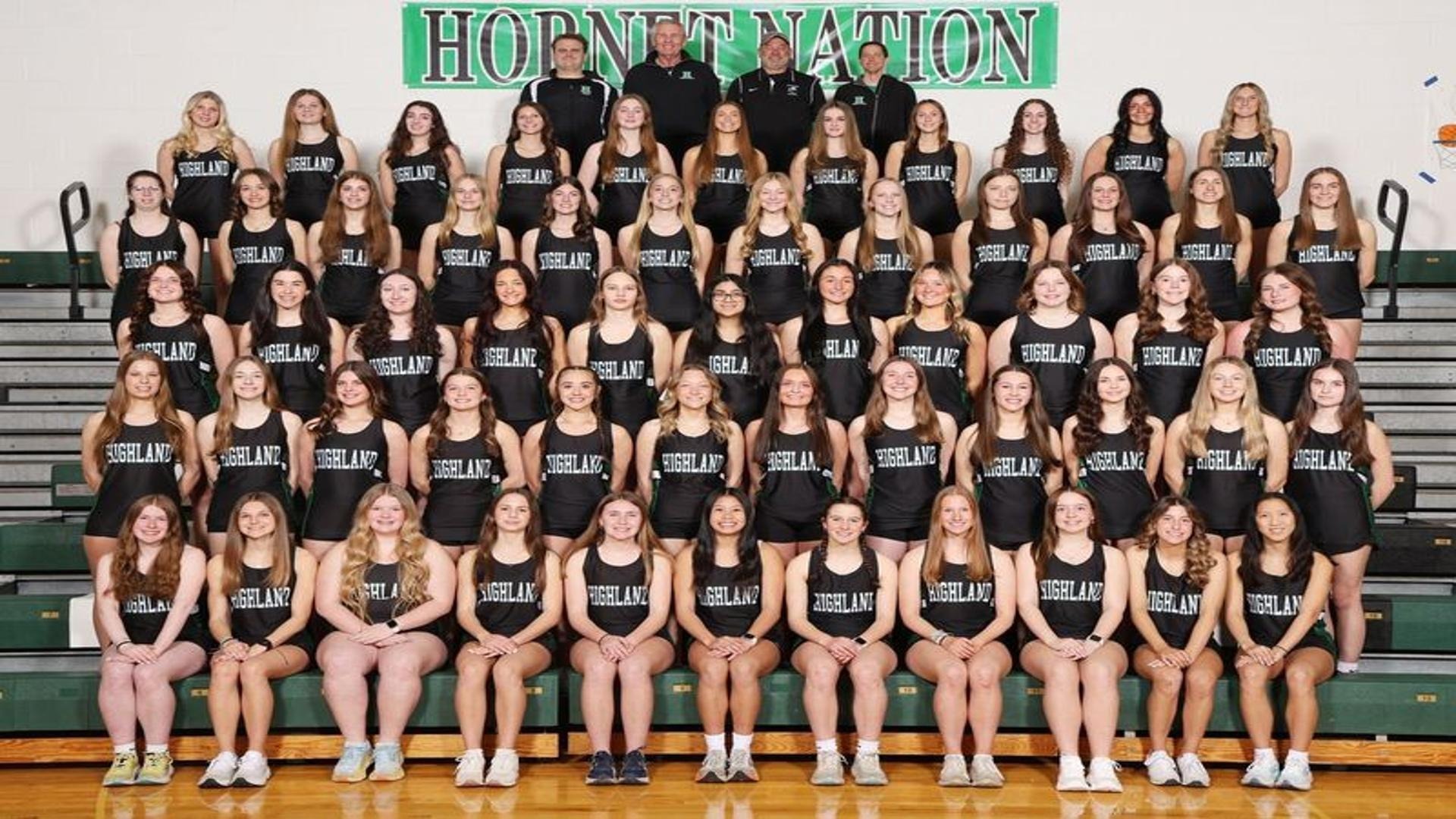 Team photo of girls track team after winning the Nikki Reynolds invitational in HS track on 5-2-2026.