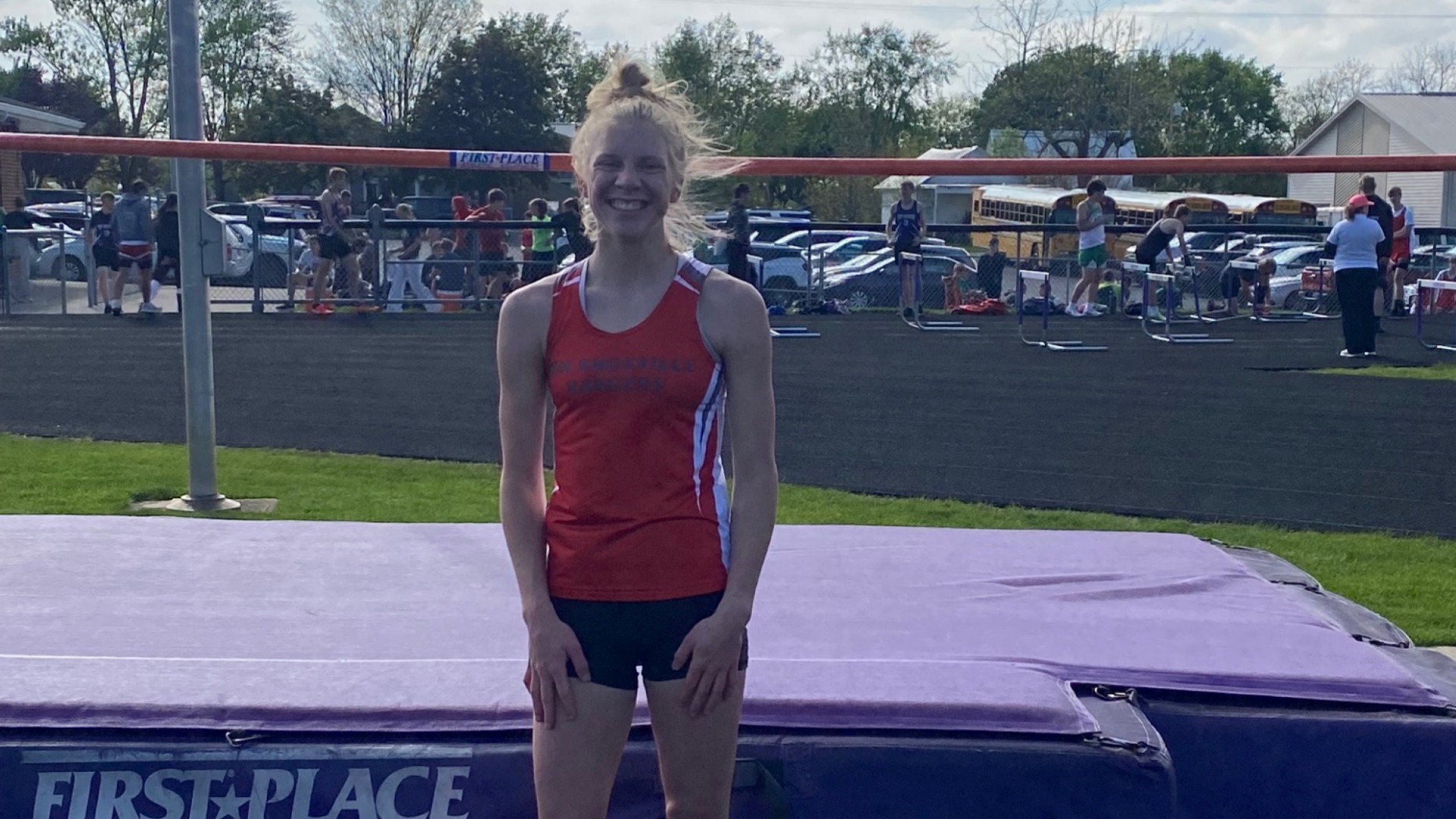Slide 1 - Addi Albers breaks her own school record with a jump of 5'6"