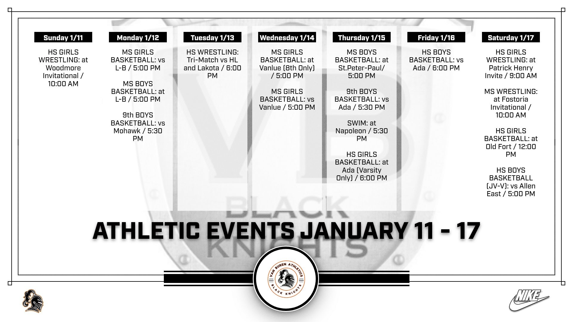 Athletic Events for January 11 - 18