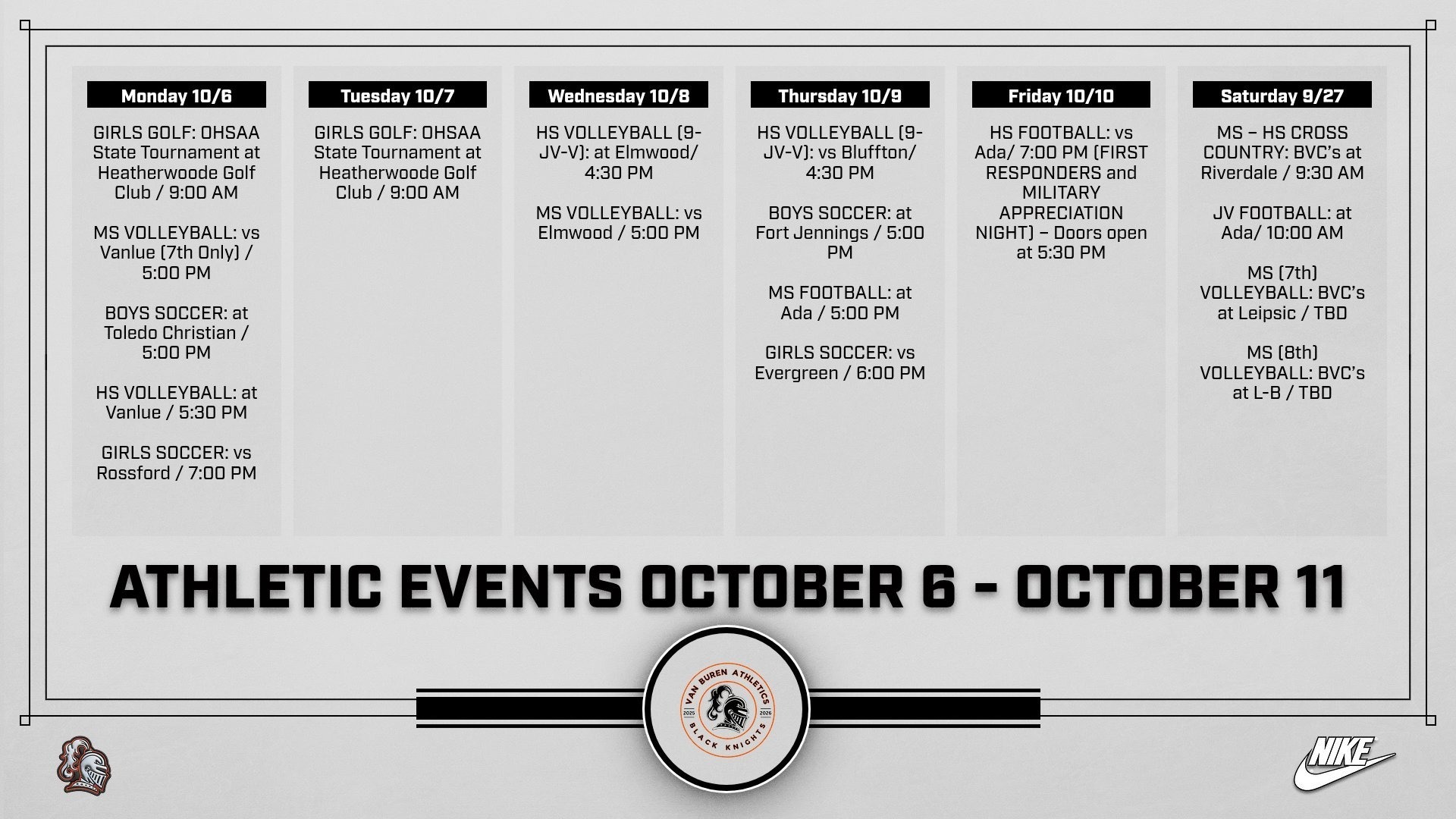Slide 4 - Van Buren Athletic Events for October 6 thru October 11