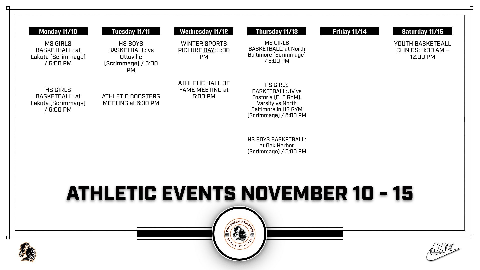 Slide 1 - Athletic Events 11/10 - 11/15