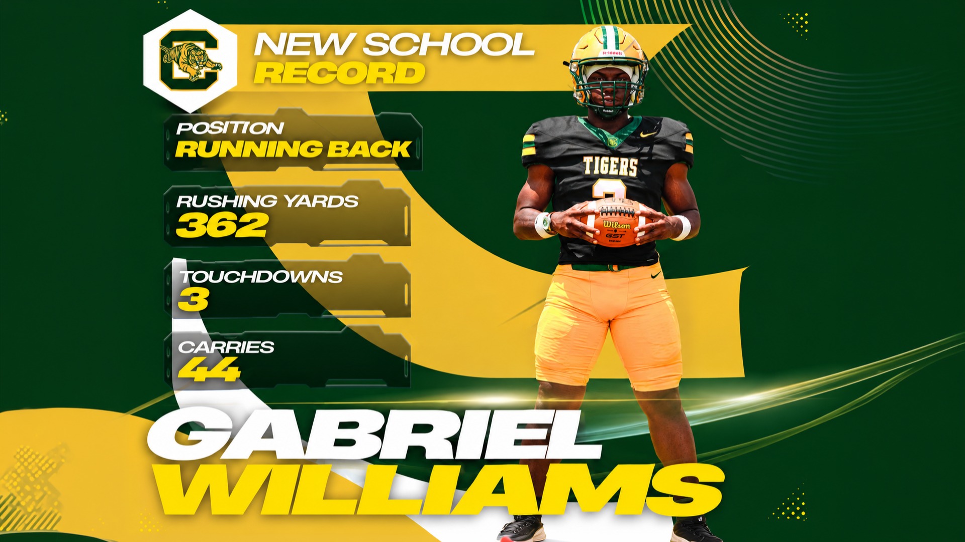 The single game rushing record was broken by Gabe Williams with 362 yards