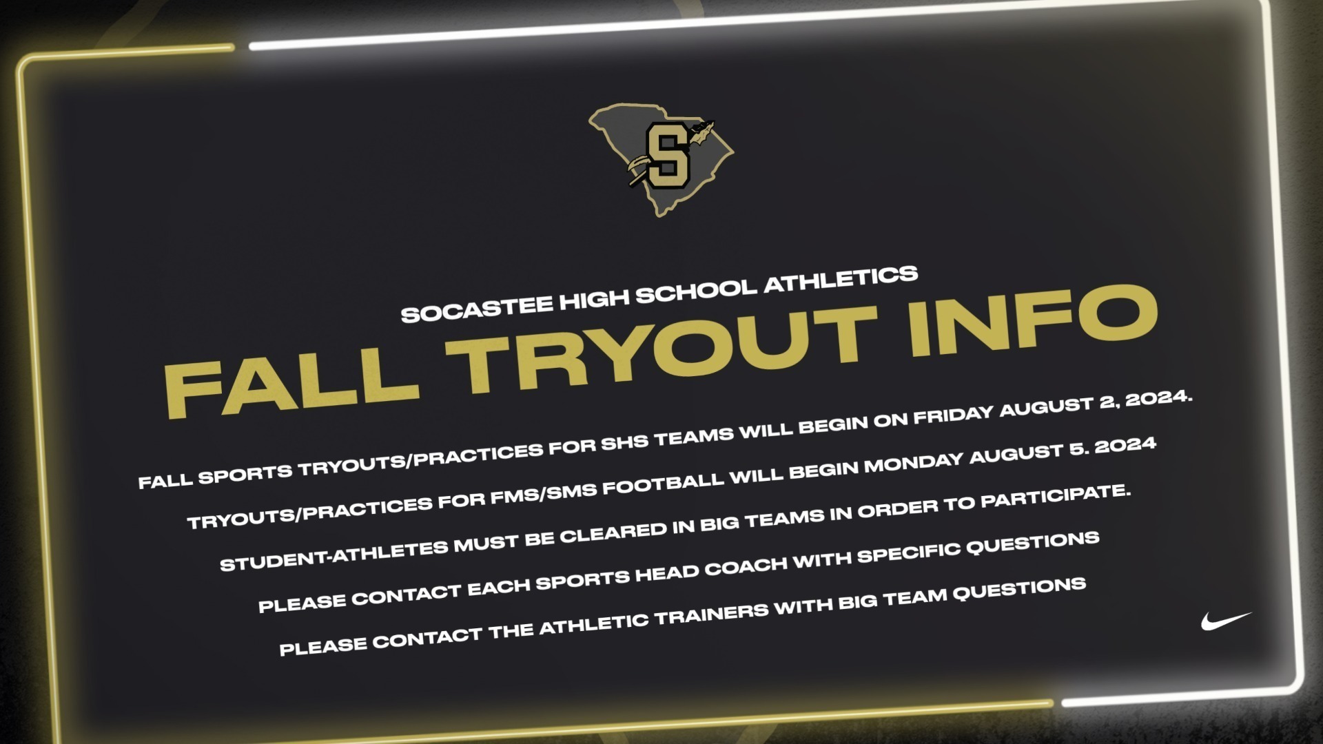 Slide 2 - Fall 2024 Athletic Tryout/Practice Information