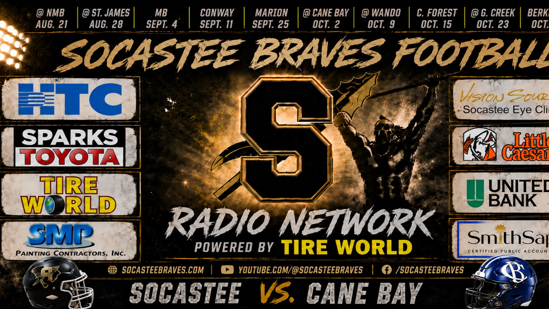 Slide 5 - Listen to the Socastee Braves Football Radio Network vs Cane Bay 10/2/26