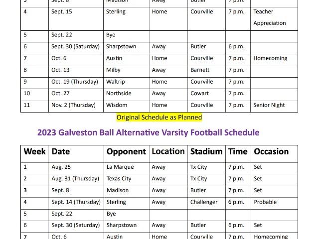 2023 Original and Alternative Schedules (Pending Stadium Completion)