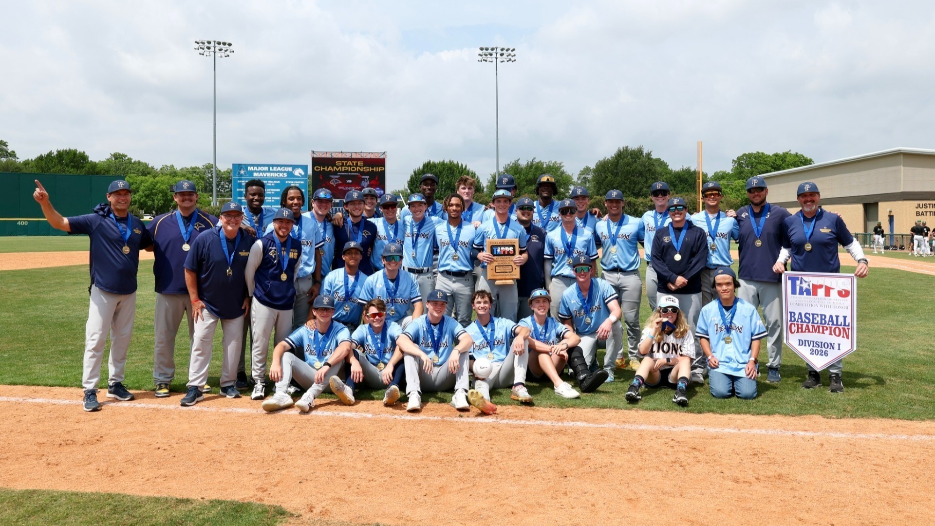 PCA Plano Lions varsity baseball team celebrates winning the 2026 TAPPS 6A Division I State Championship.