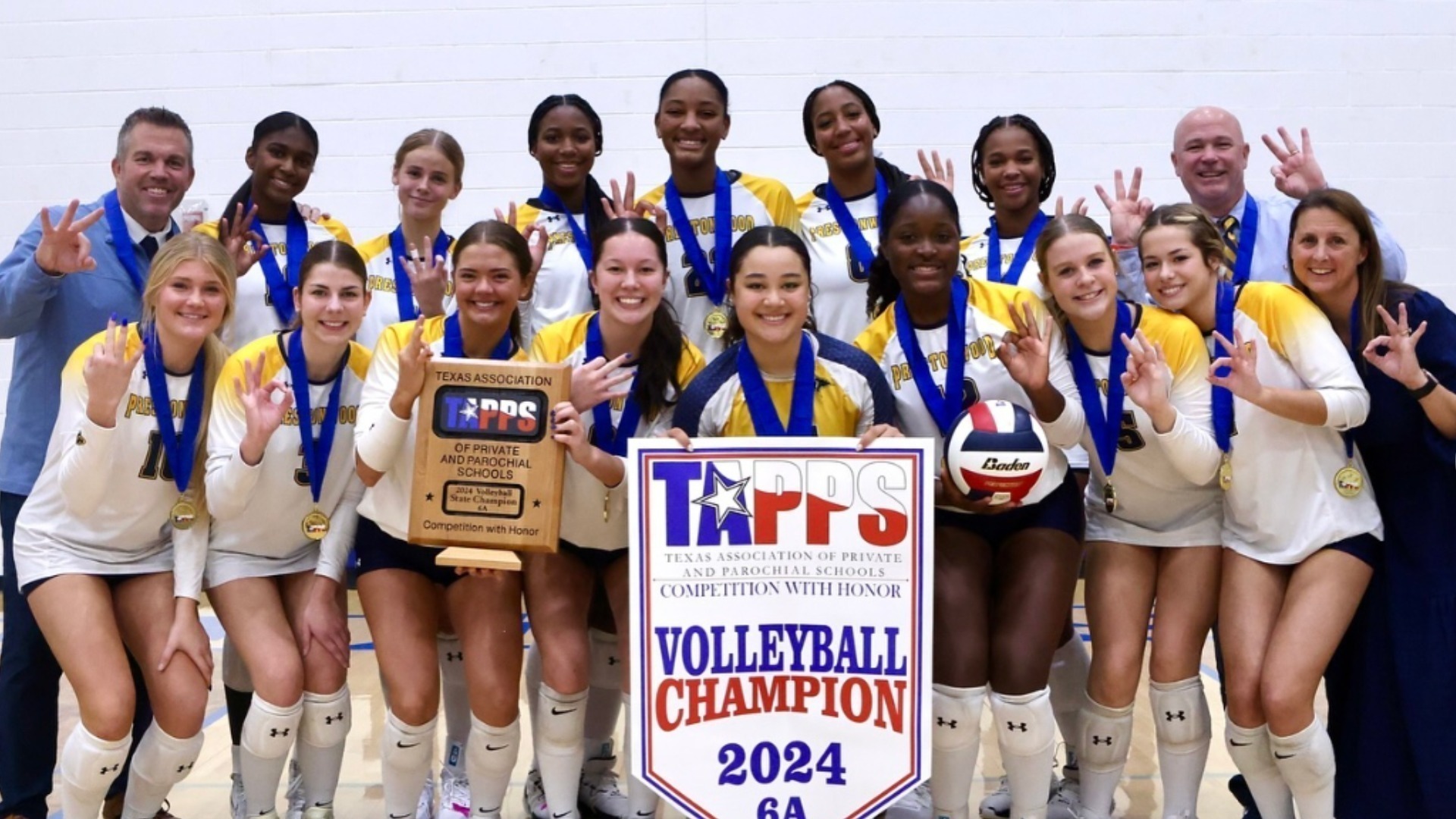 PCA Plano volleyball team celebrates 2024 TAPPS 6A state championship win, marking third consecutive Texas high school volleyball title for Prestonwoo