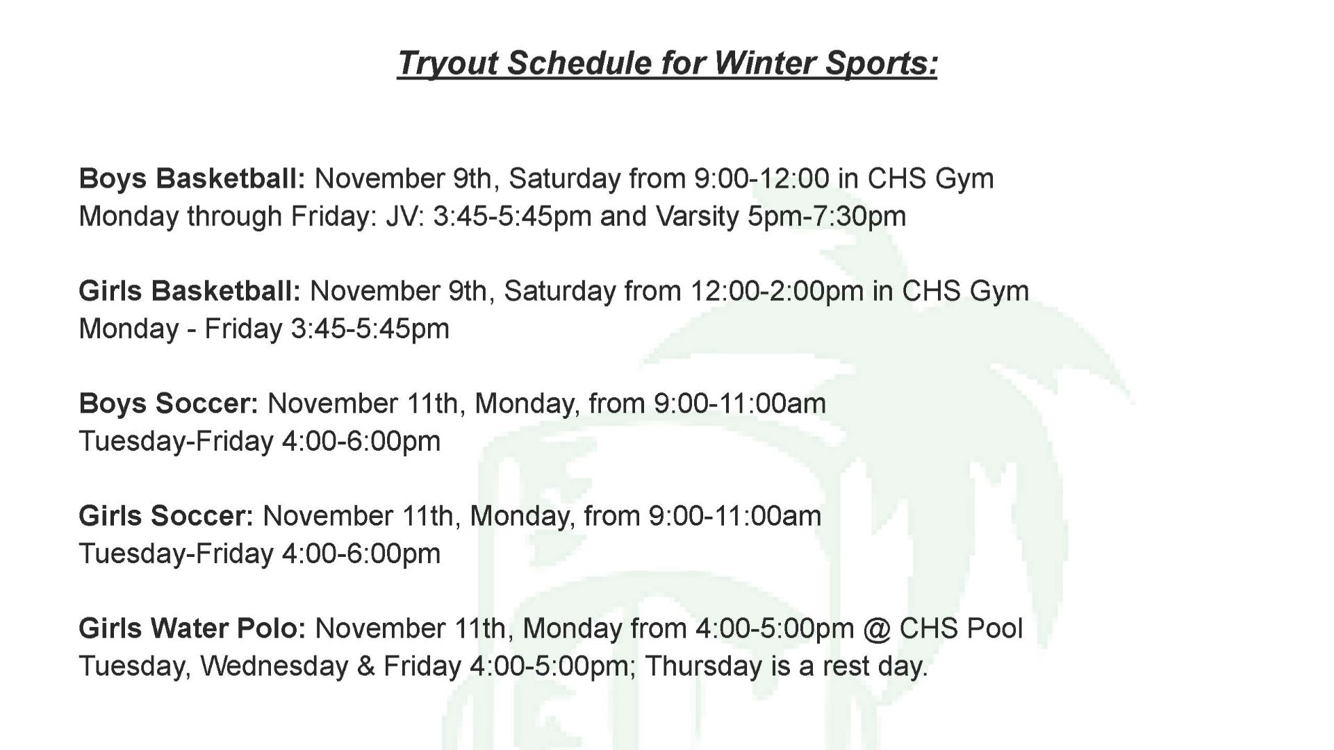 Slide 0 - Tryout Schedule for Winter Sports