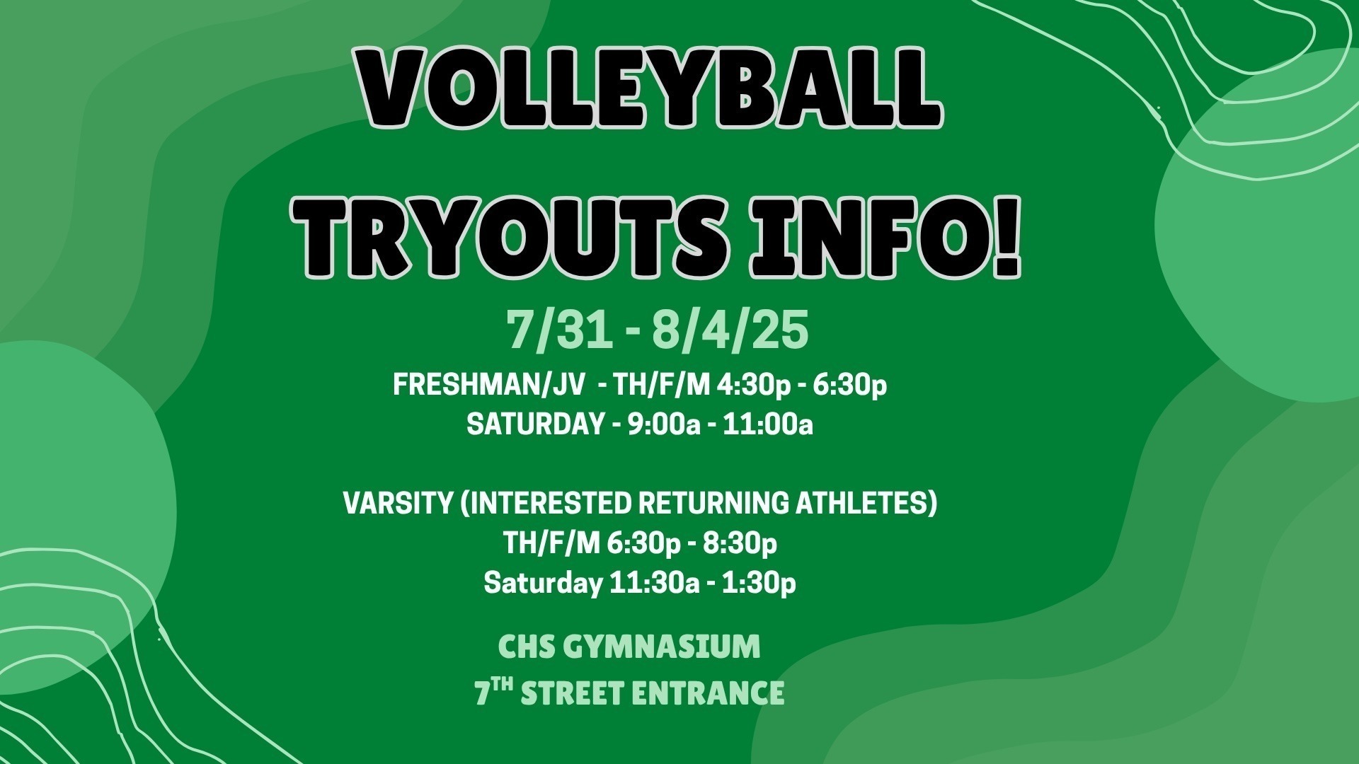 Slide 0 - 7/31-8/4 Novice & JV 4:30-6:30pm; Varsity & Returning 6:30-8:30pm SAT only 9-11am; 11:30-1:30pm