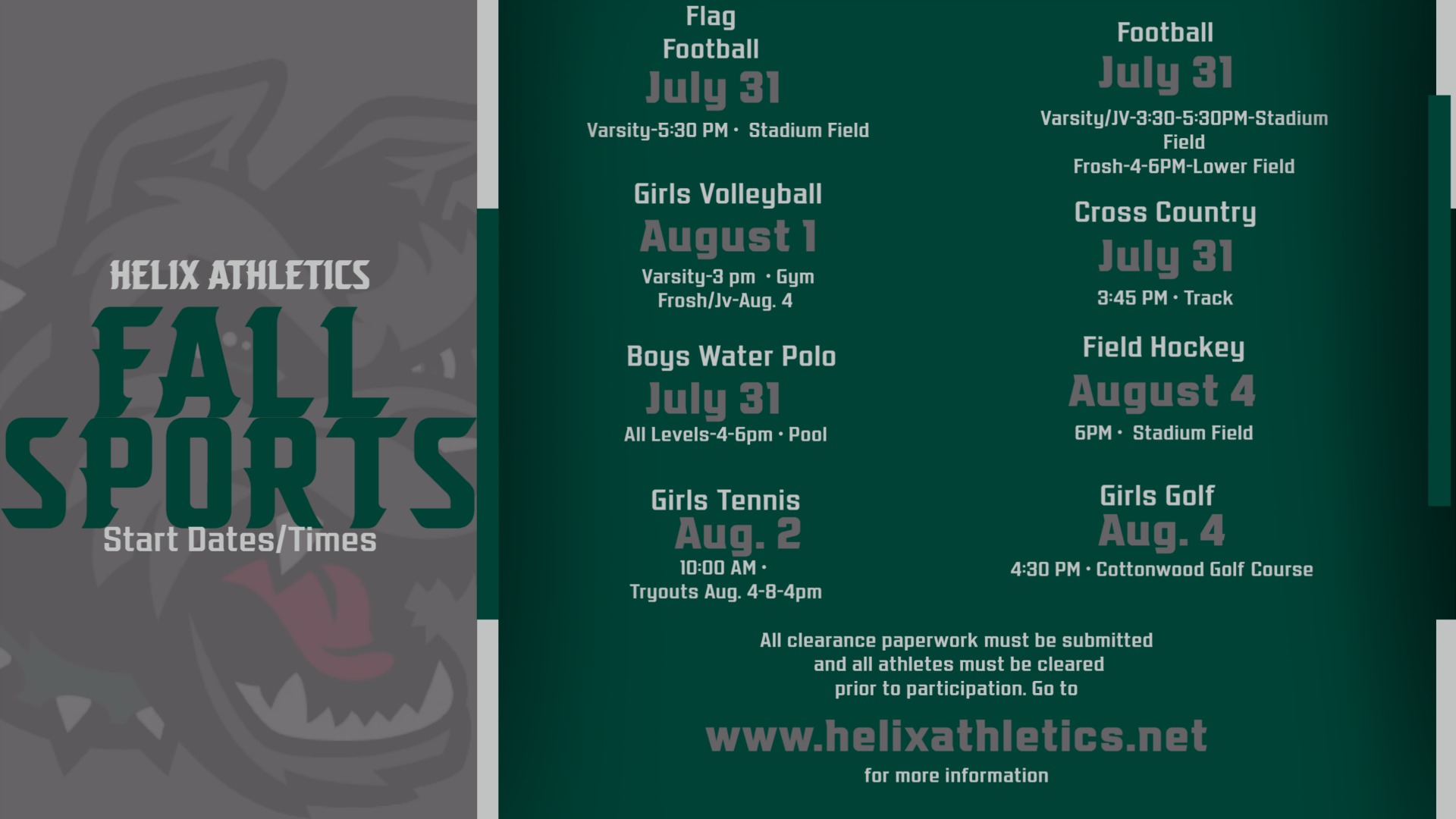 Slide 0 - Fall Sports Start Dates/Tryout Times