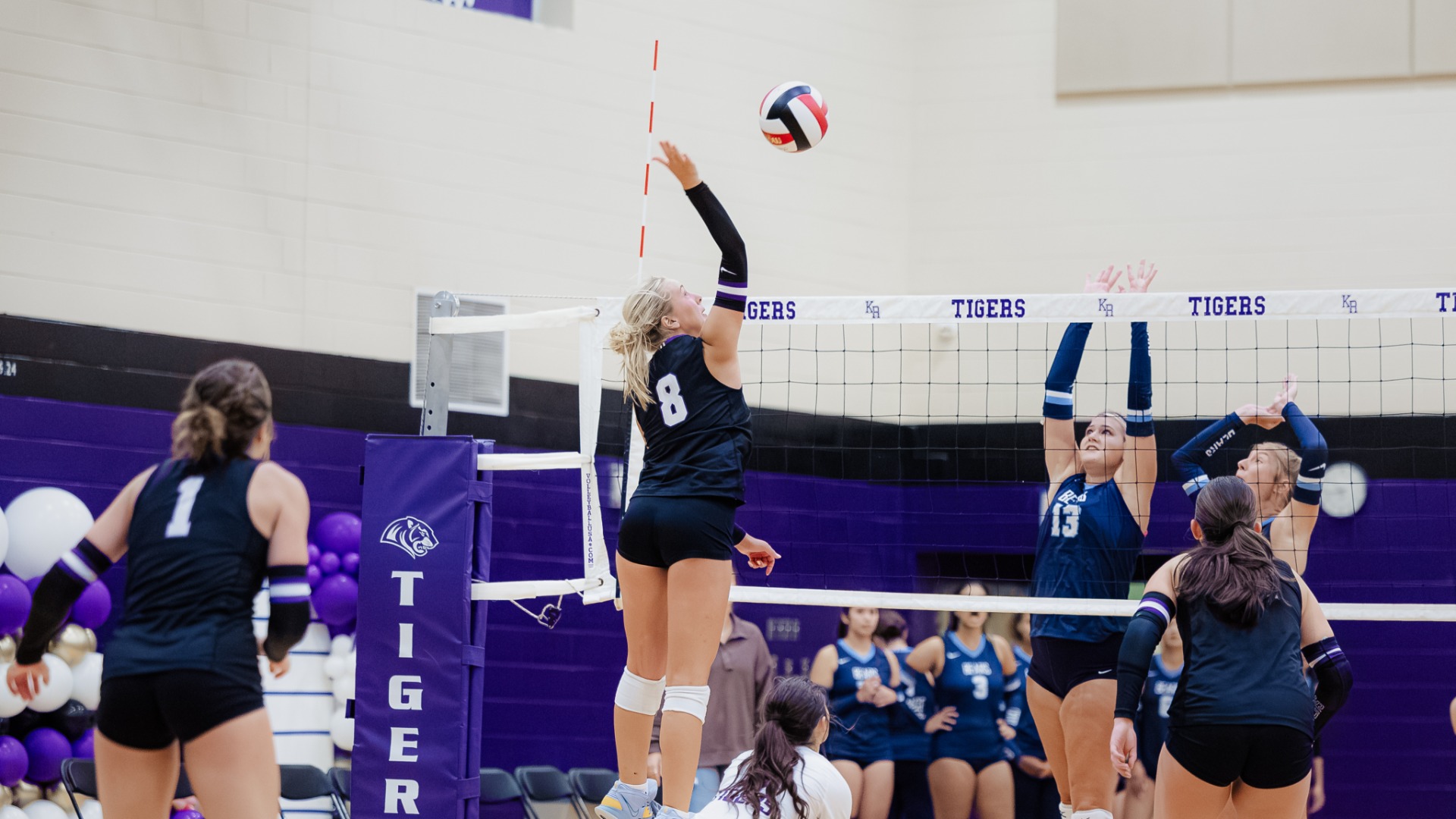 King's Ridge Volleyball player approaches to spike ball at the net. 